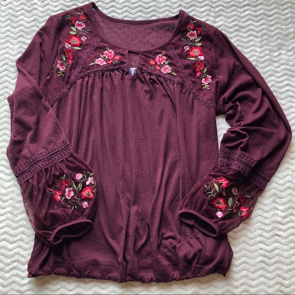 🦋 Maroon Long Sleeve Boho Blouse XL